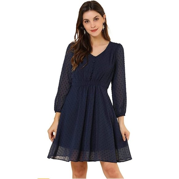 Allegra K Dresses & Skirts - Swiss Dots Elastic Waist 3/4 Sleeve A-line Solid Flowy Chiffon Dress